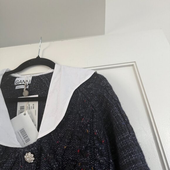 NWT Ganni Cropped Cardigan Sweater Poplin Collar In Sky Captain Cable Knit Wool - Picture 8 of 10